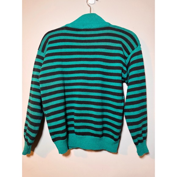 Gerard Works Vintage Striped Cardigan Sweater Teal Black Knit Button Up Womens M - Picture 2 of 4